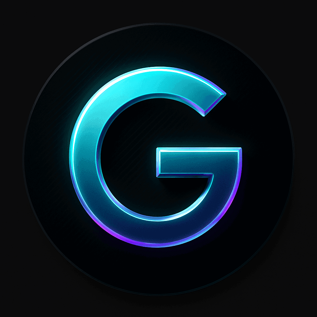Glowing neon blue and purple letter 'G' on a black circular background.