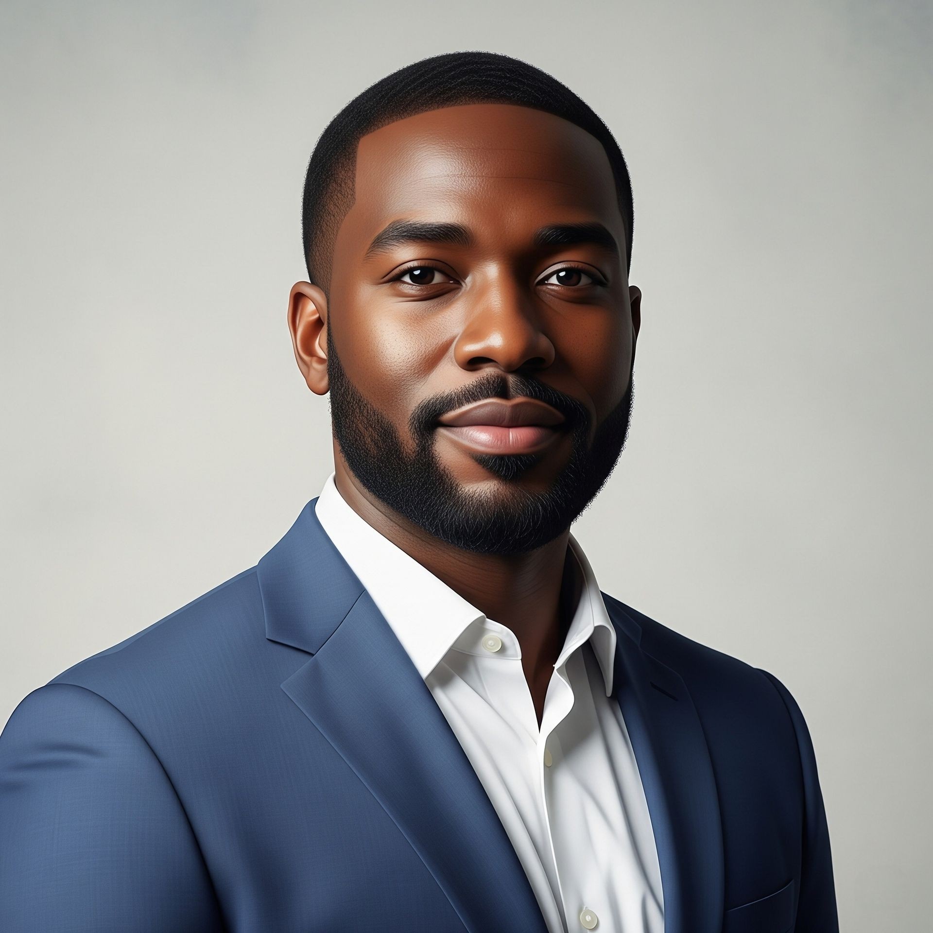 Man wearing a blue blazer over a white dress shirt, posing against a neutral gray background.