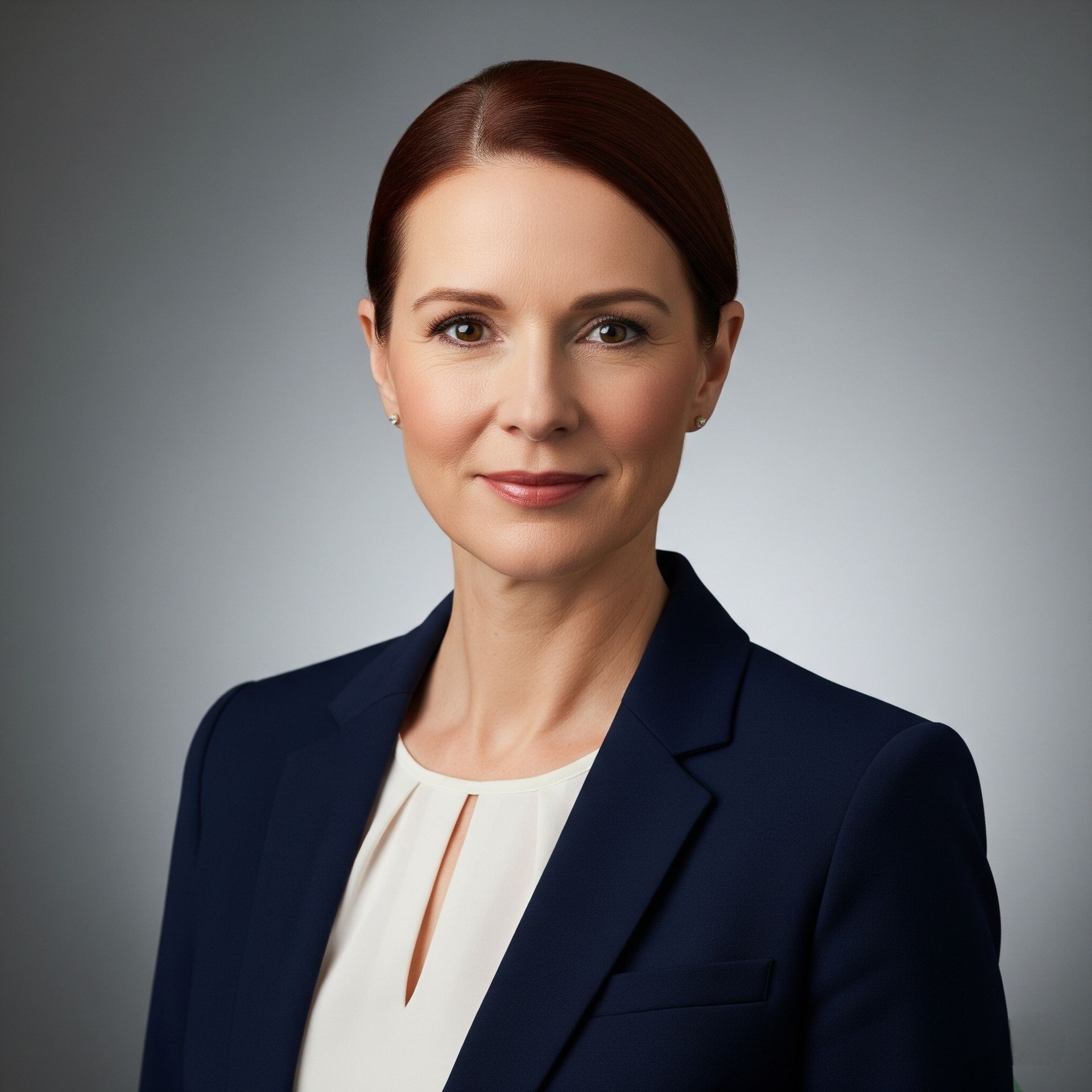 Confident woman in a navy blazer with a neutral background, smiling gently at the camera.