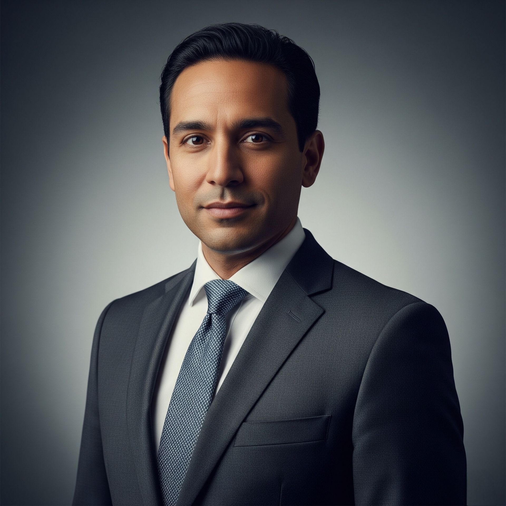 Man dressed in a dark gray business suit with a light blue tie against a neutral background.