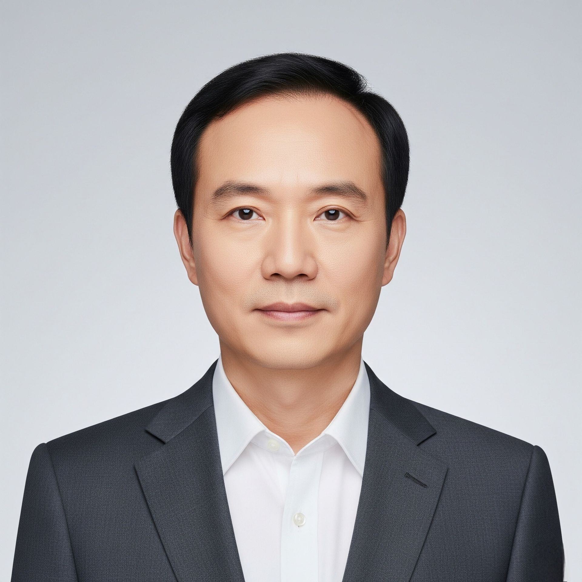 Portrait of a man in a dark suit and white shirt against a plain background.