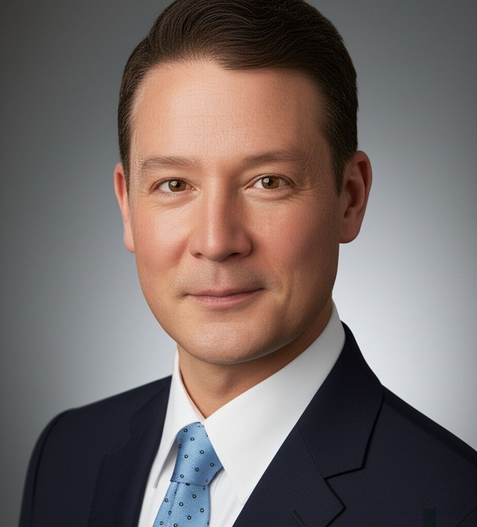 Man in navy suit and blue tie smiling against a gradient background.