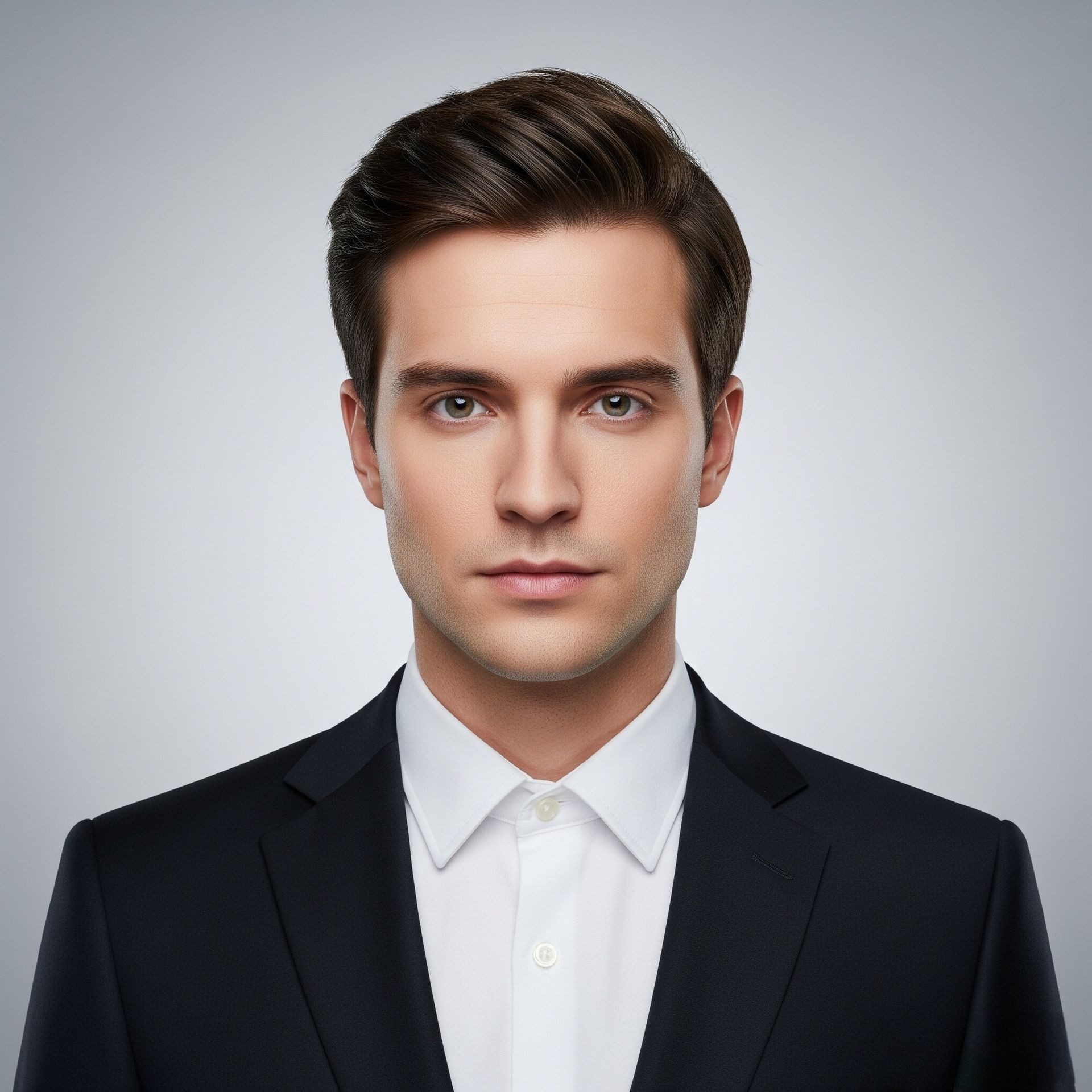 Person wearing a formal black suit jacket over a white dress shirt with neatly styled brown hair.