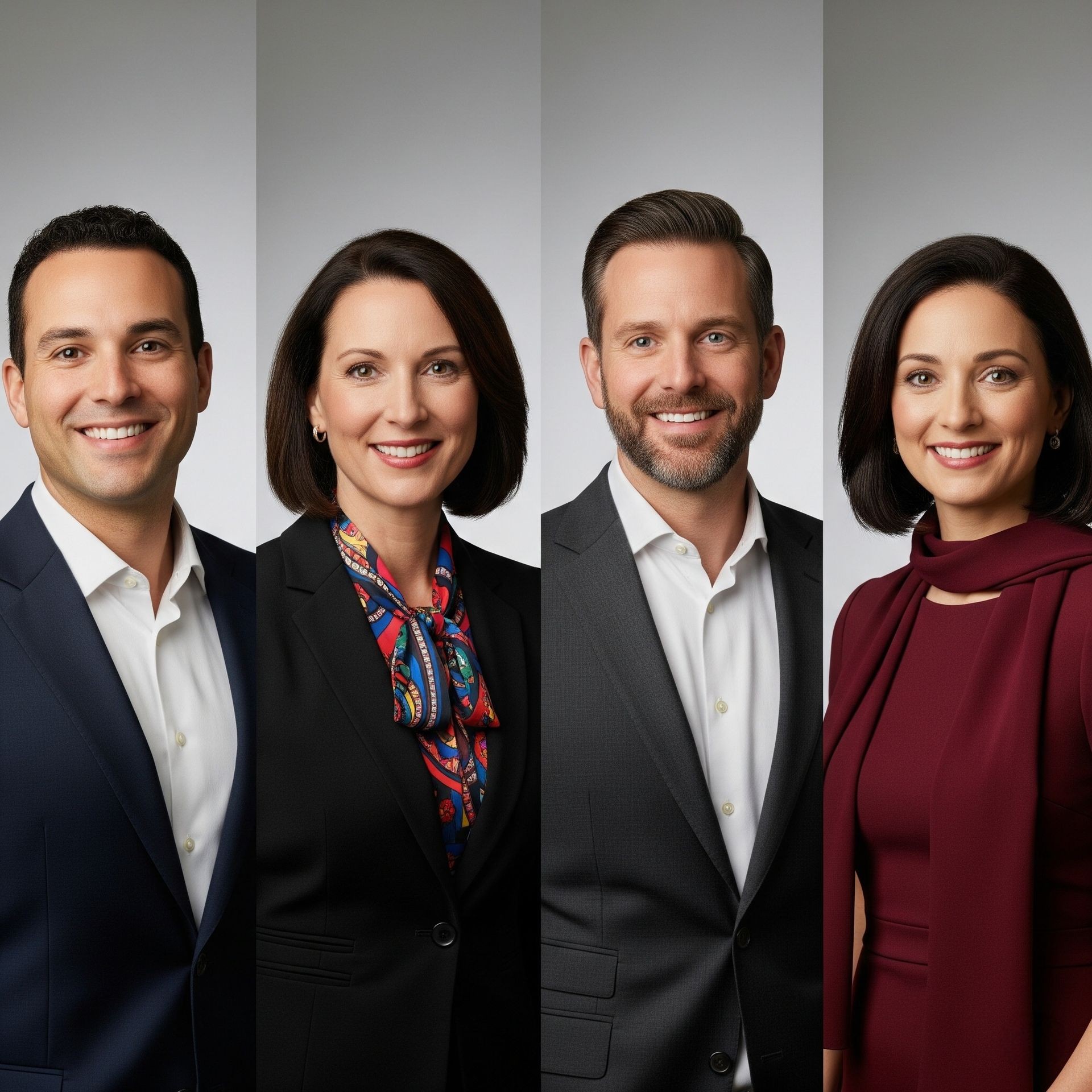Four professionally dressed individuals, two men and two women, smiling in front of a gray background.