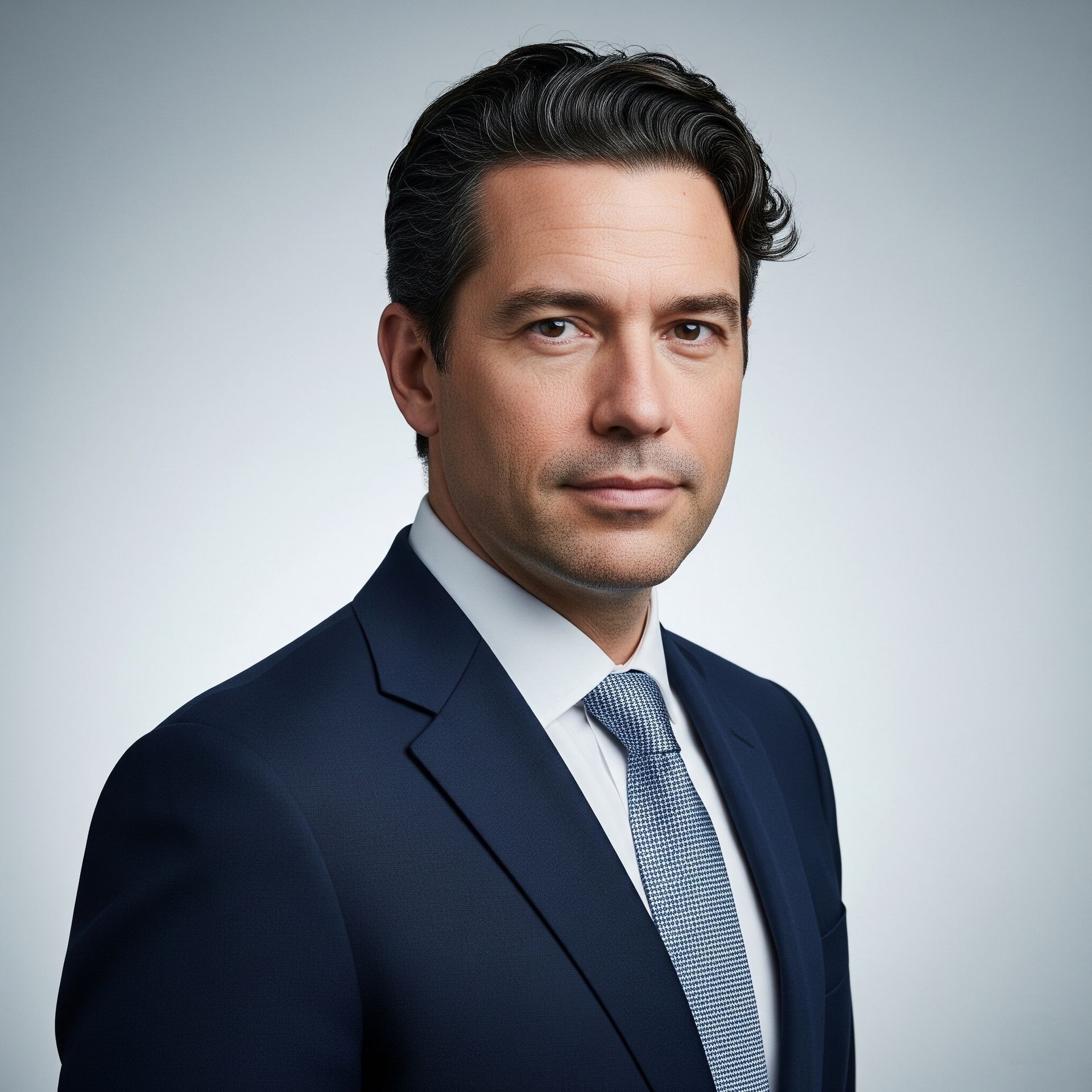 Man in blue suit and tie posing against a neutral background, looking serious.