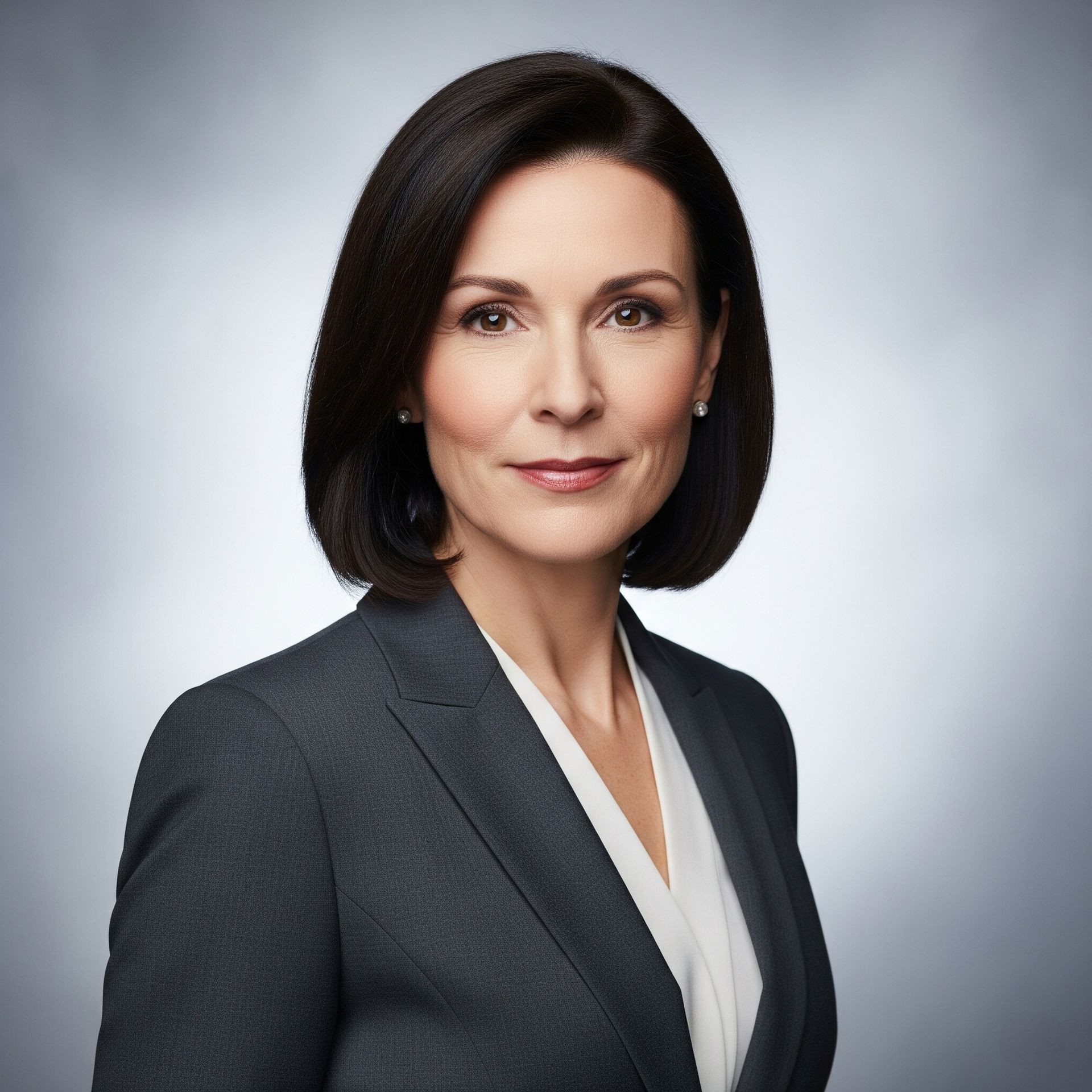 Professional woman in a dark suit with brown hair, smiling softly against a grey background.