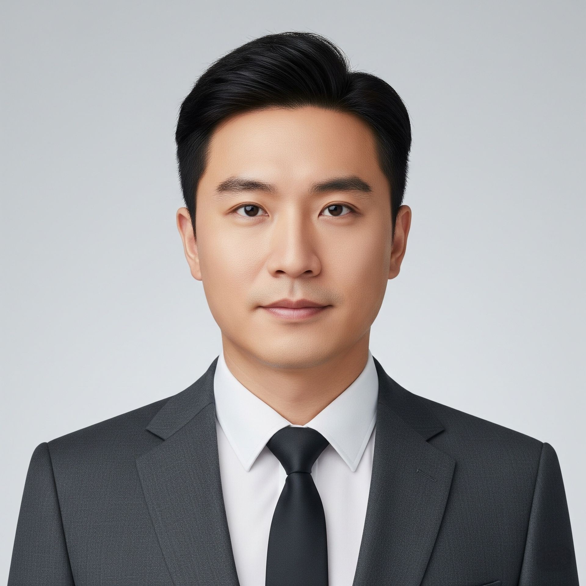 Headshot of a man in a dark suit and tie on a light gray background.