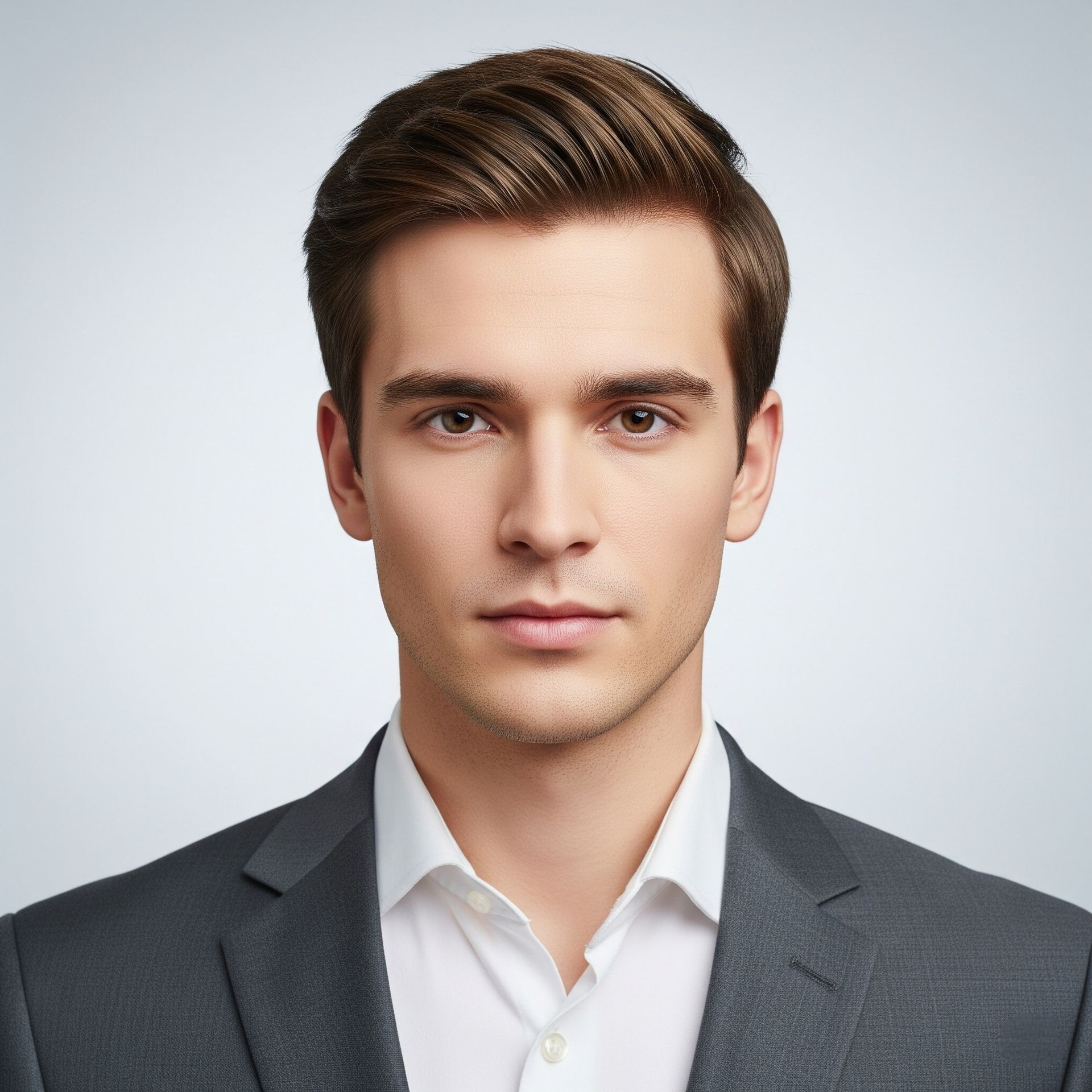 Individual wearing a gray suit jacket over a white collared shirt, depicted against a neutral background.