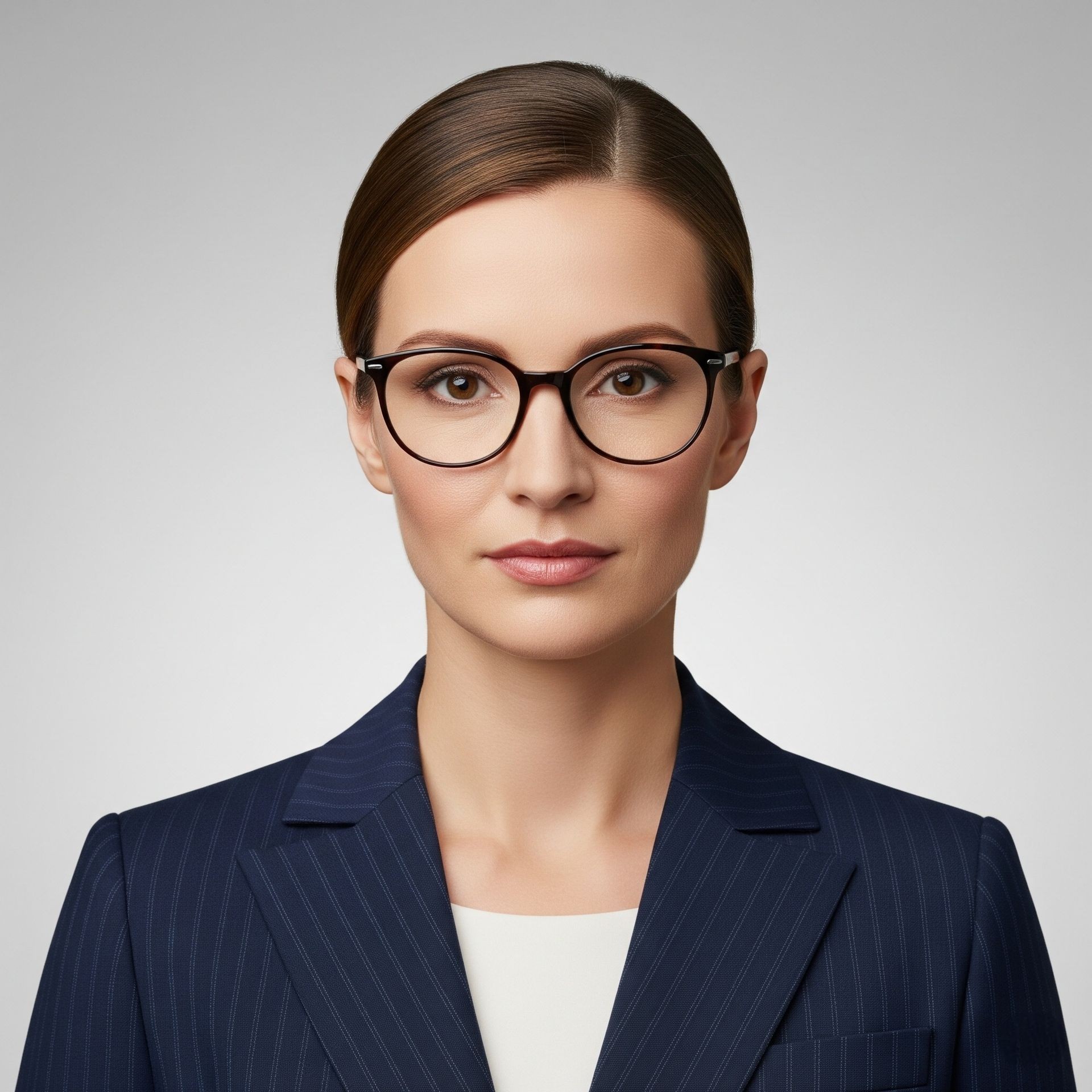 Professional woman wearing glasses and a navy pinstripe blazer against a neutral background.