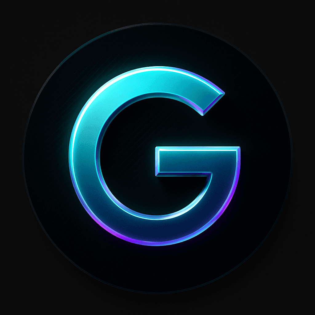 Glowing neon blue and purple letter 'G' on a dark circular background.