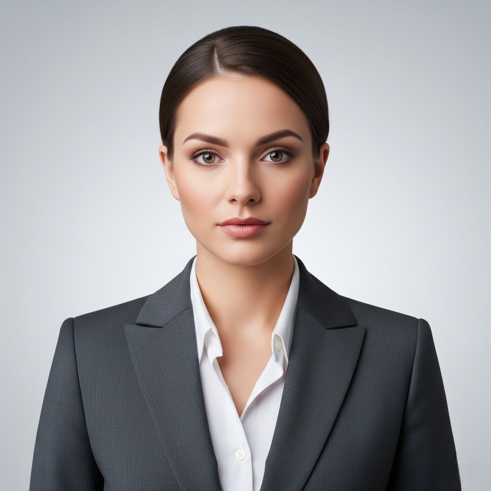 Portrait of a woman in a dark business suit with a neutral expression against a light background.