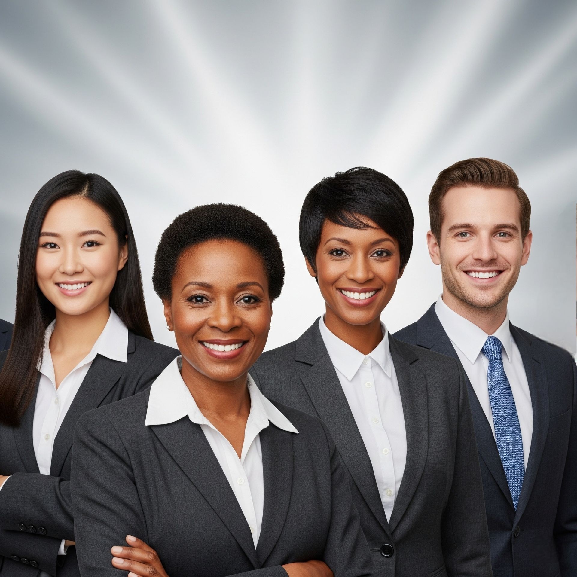 Group of five business professionals standing confidently in suits with a radiant background suggesting teamwork and success.