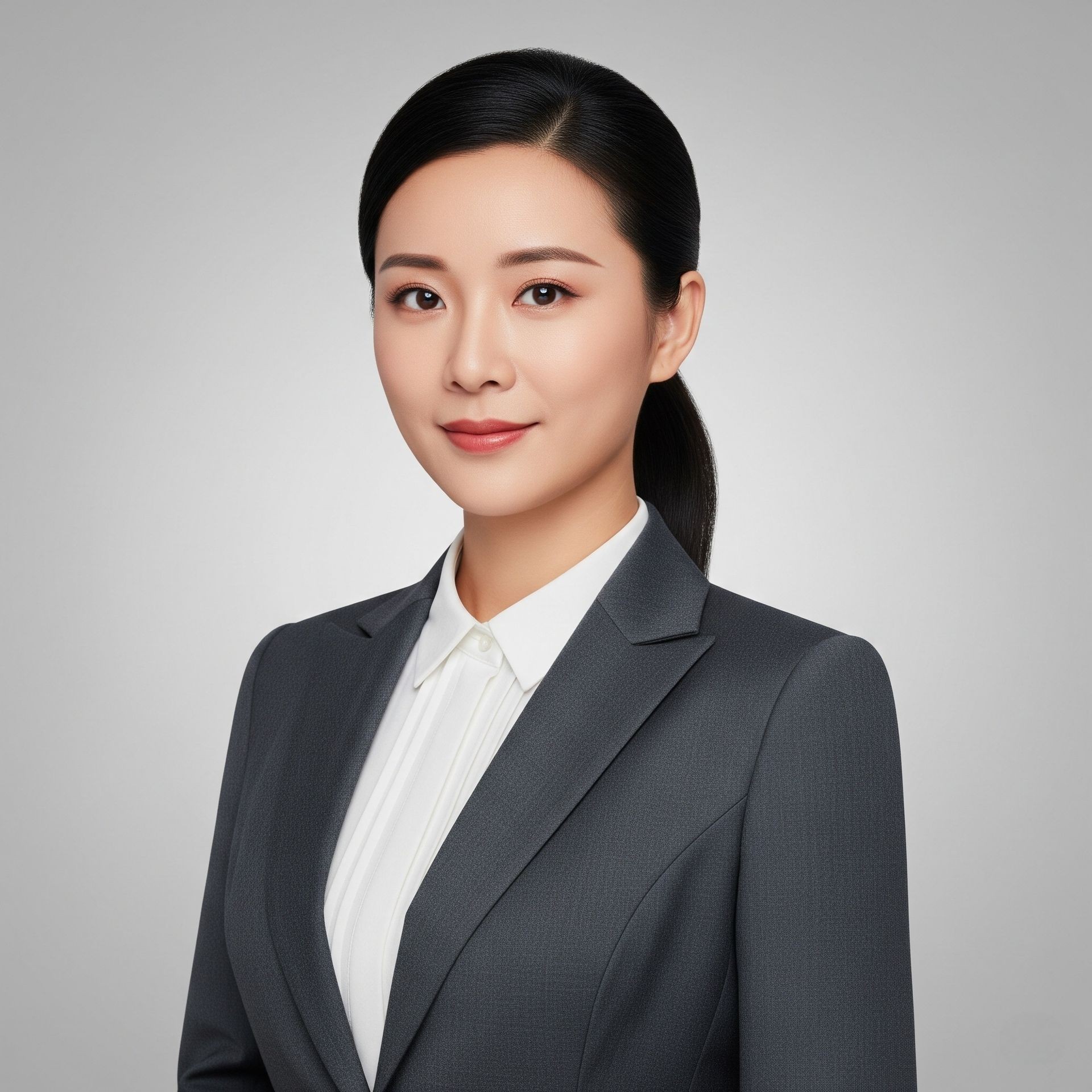 Professional woman in a business suit smiling, with hair tied back, against a gray background.