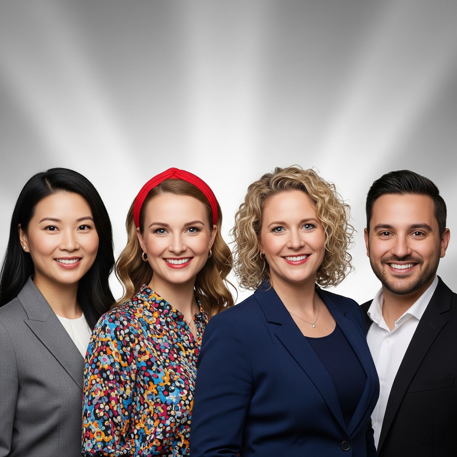 Four professionals posing together in business attire, with light gray background and spotlight effect behind them.