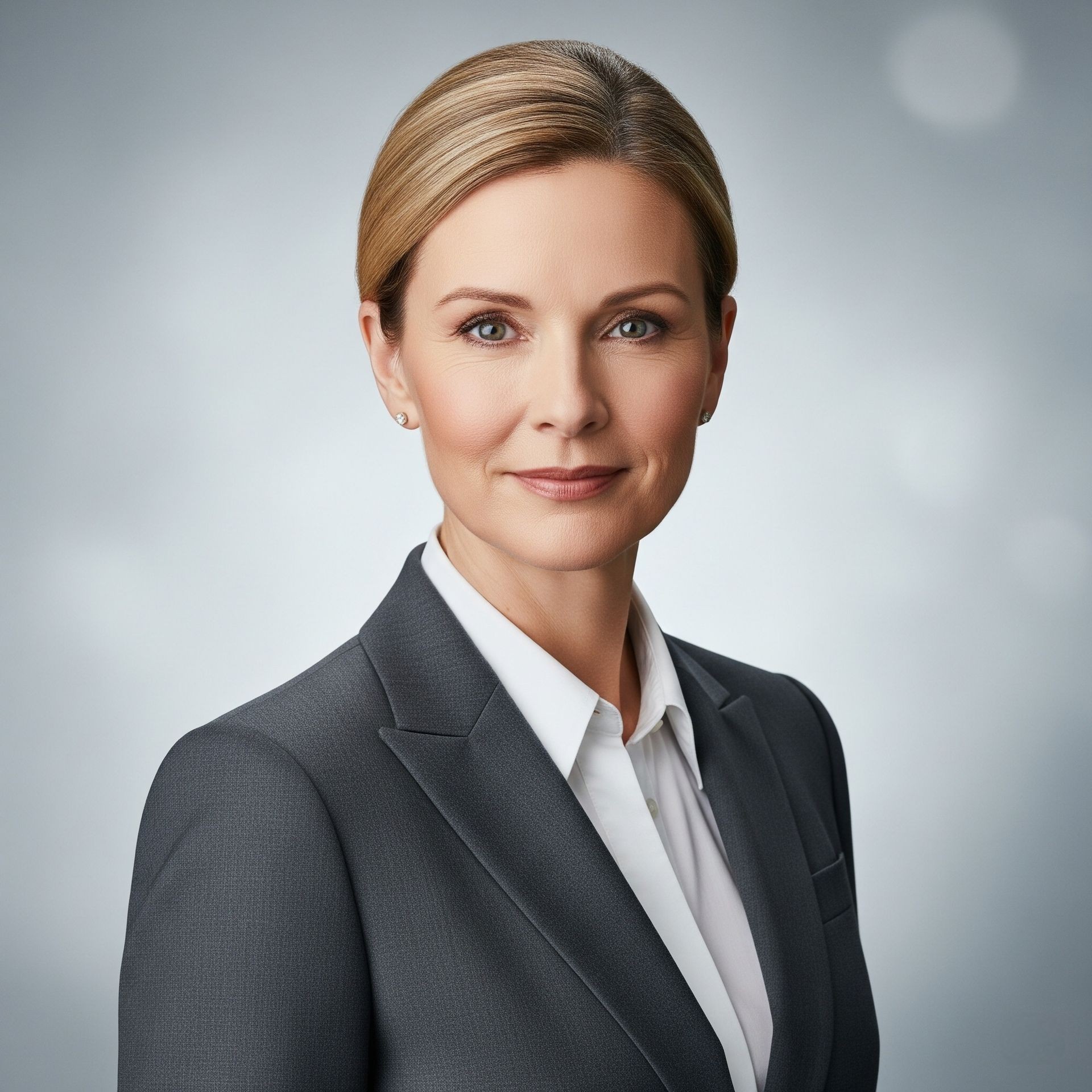 Professional woman in a dark grey business suit with a white shirt standing against a grey background.