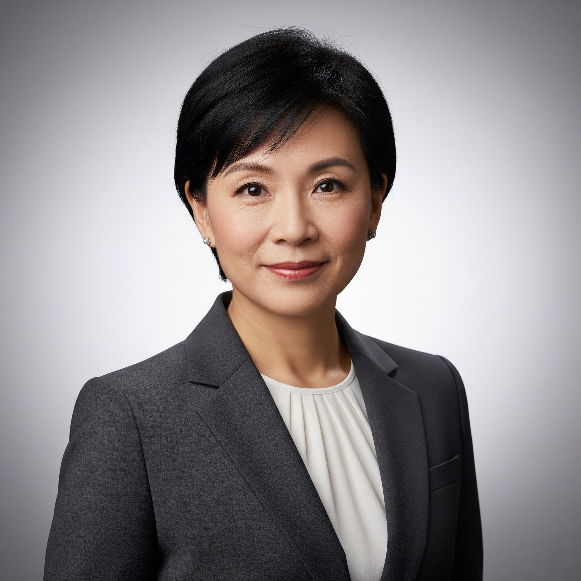Professional woman in a gray suit with short black hair, posing against a plain background.