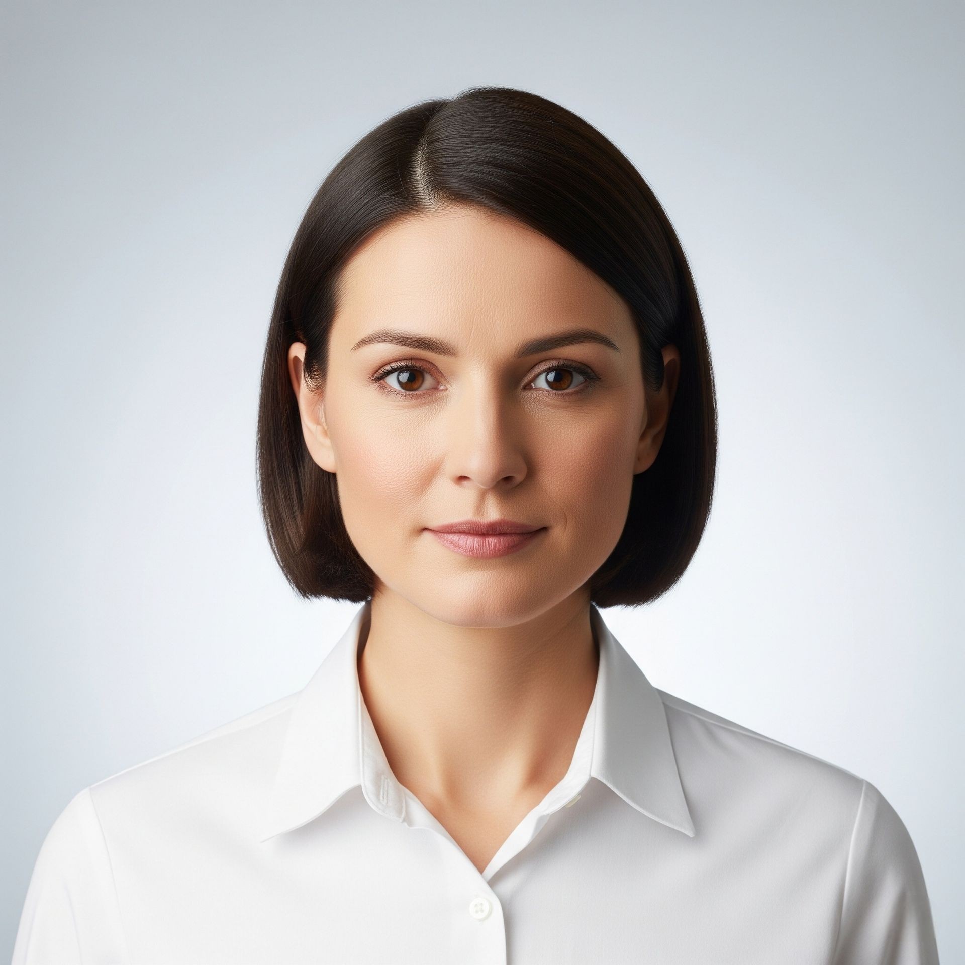 Woman with short dark hair wearing a white collared shirt against a light background.