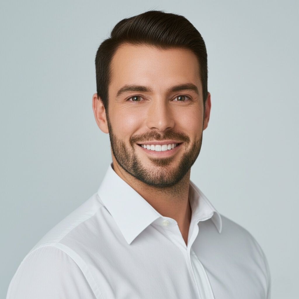 A person wearing a white collared shirt with a light grey background