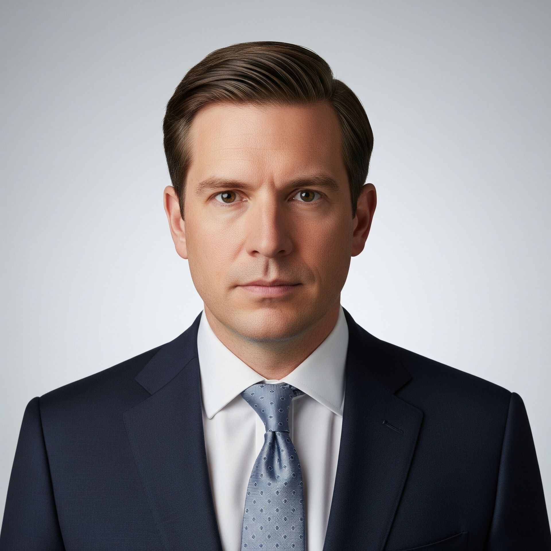 Man wearing a dark suit with a light blue tie, standing against a neutral gray background.