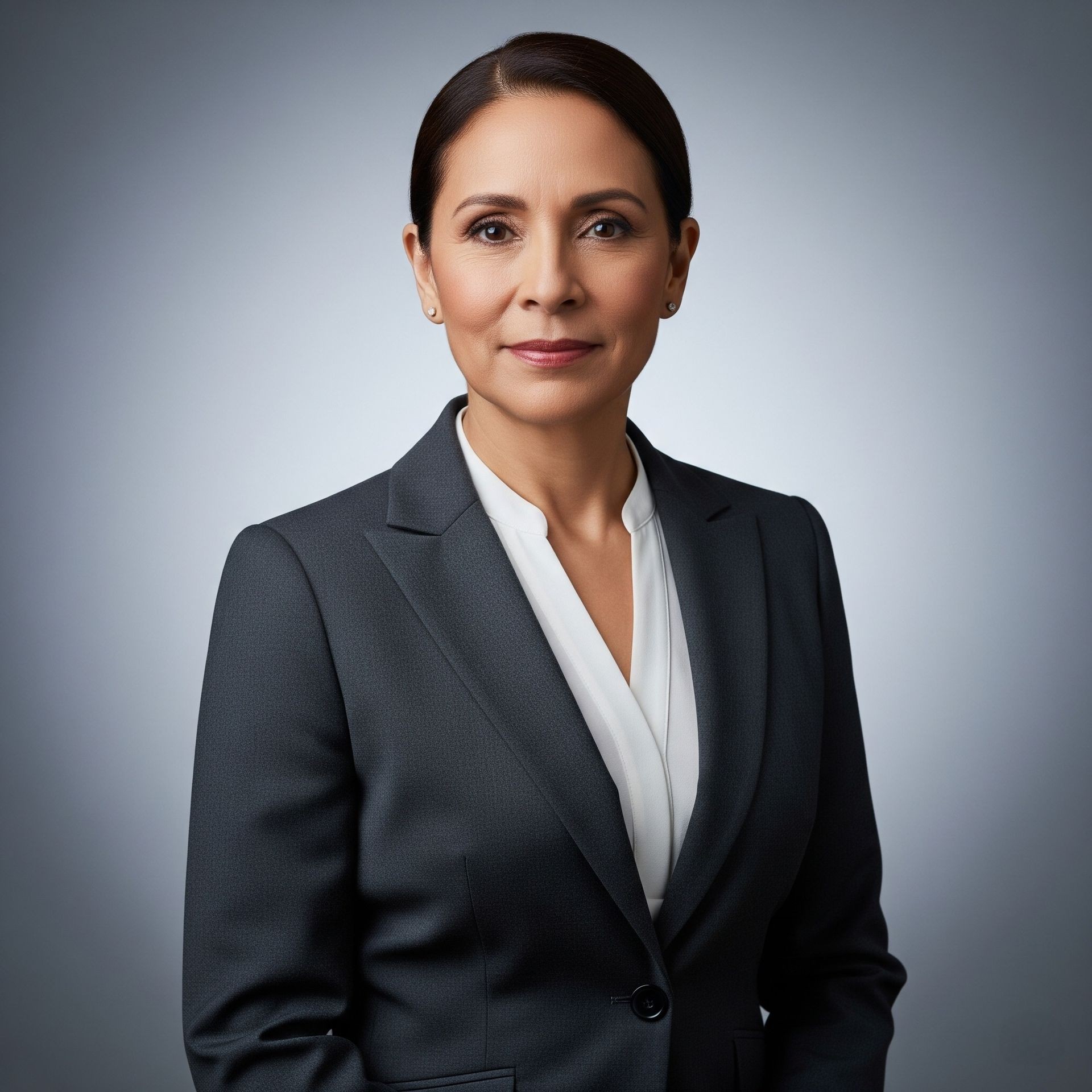 Professional woman in a dark suit with a white blouse poses against a gray background.