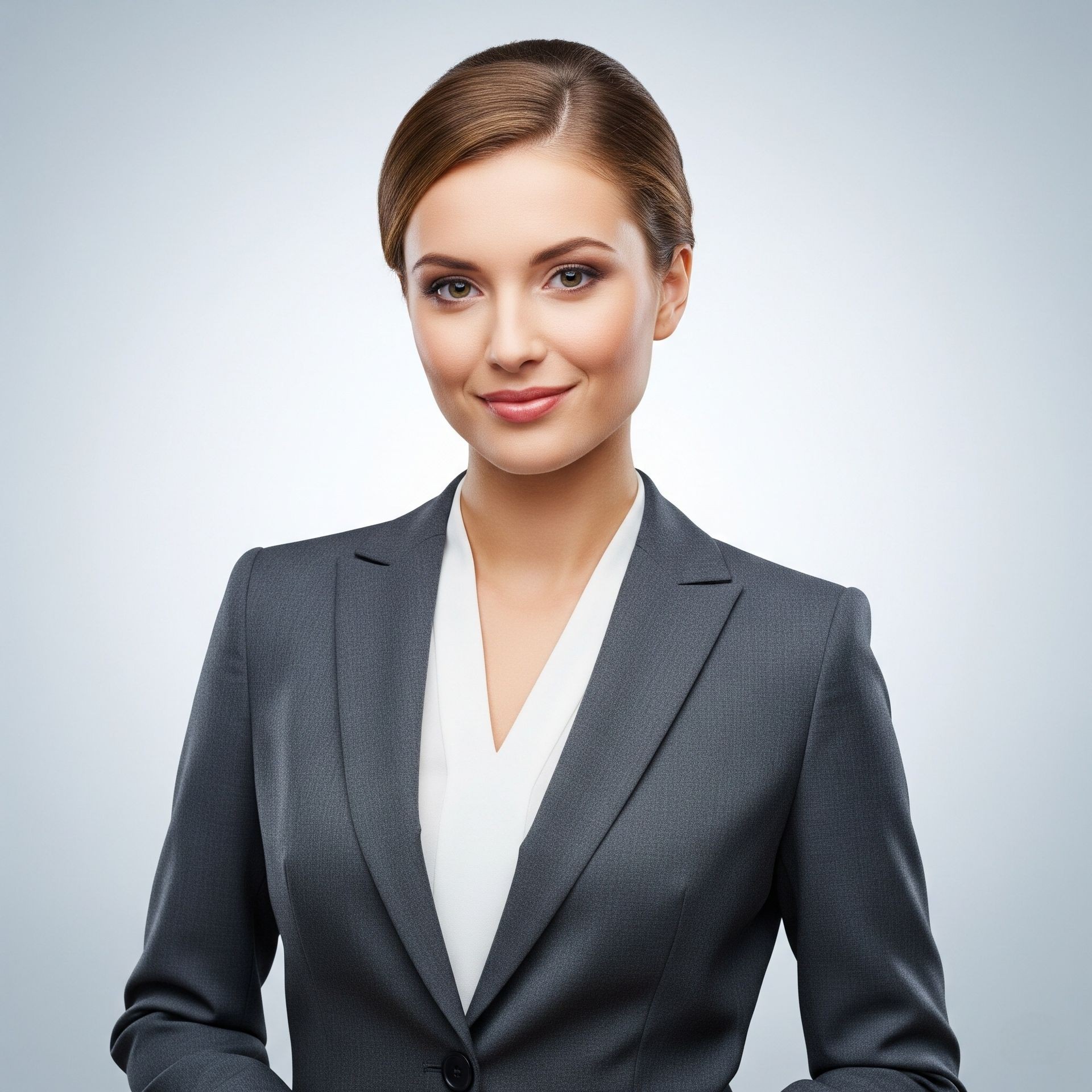 Person wearing a formal dark grey blazer over a white blouse, standing against a neutral grey background.