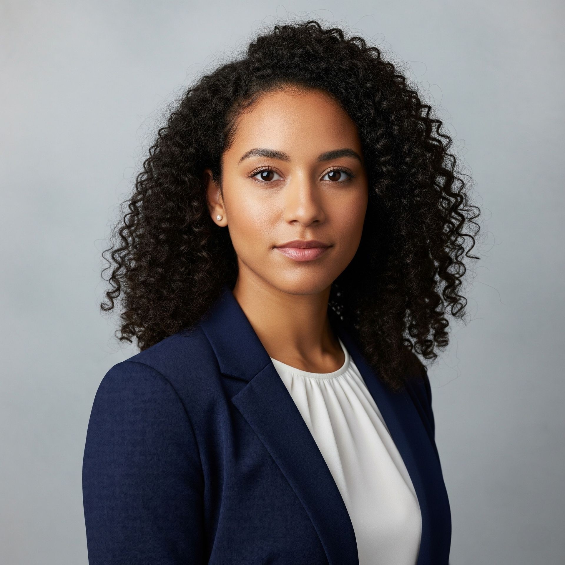 Person with curly hair wearing a navy blue blazer and white top.