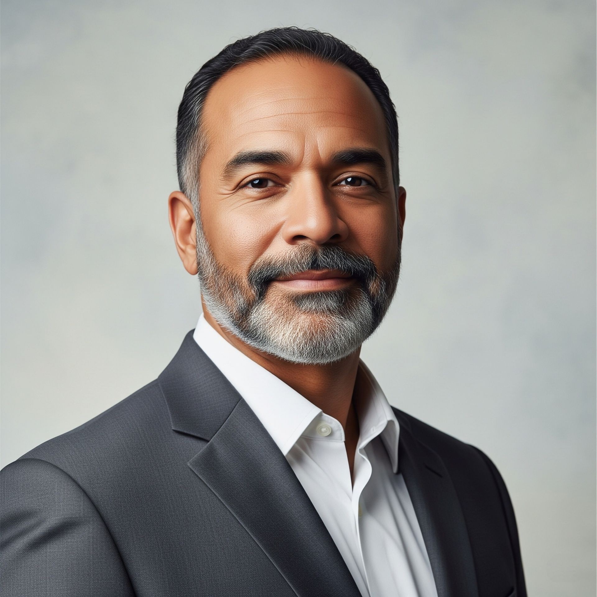 Portrait of a man in a suit with a white shirt, smiling slightly against a neutral background.